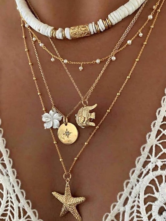 Jewelry - Fashion Jewelry Layered Starfish Beach Necklace Set, Gold White, Adjustable